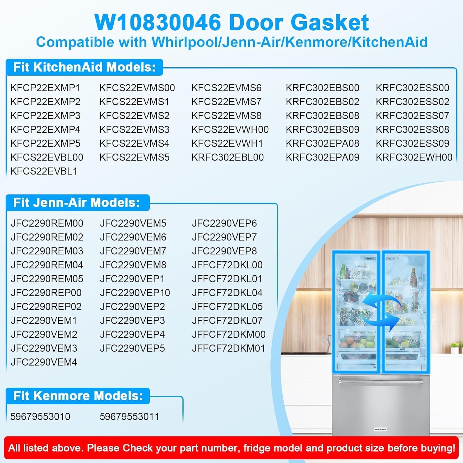 Detalle de ALVAR W10830046 Refrigerator Door Gasket with Magnetic Strip, 17.05" x 42.52