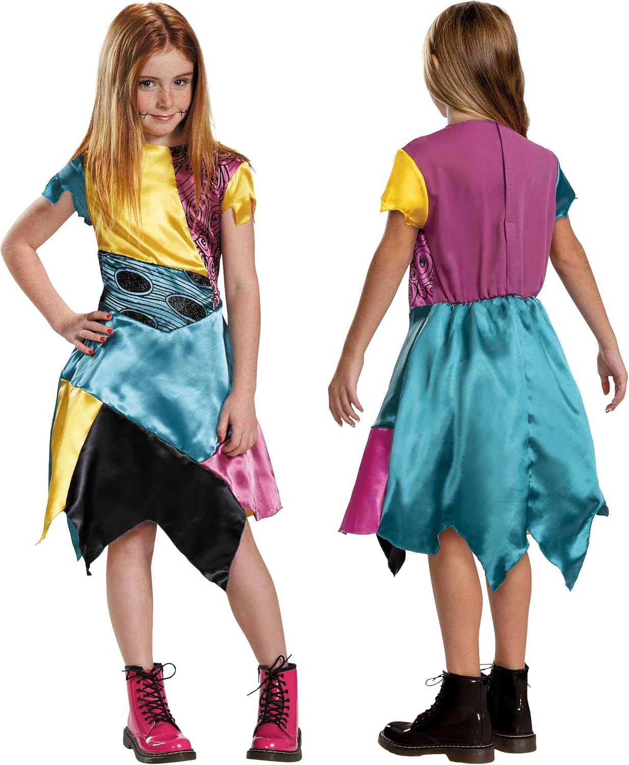 Detalle de Disguise Sally-kostuum uit The Nightmare Before Christmas, kleurrijke jurk