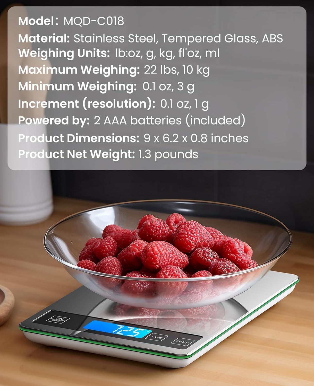 Thumbnail 6 de Nicewell 22lb Digital Kitchen Scale with Tare, Backlit LCD, 1g/0.1oz, Stainless Steel & Tempered Glass