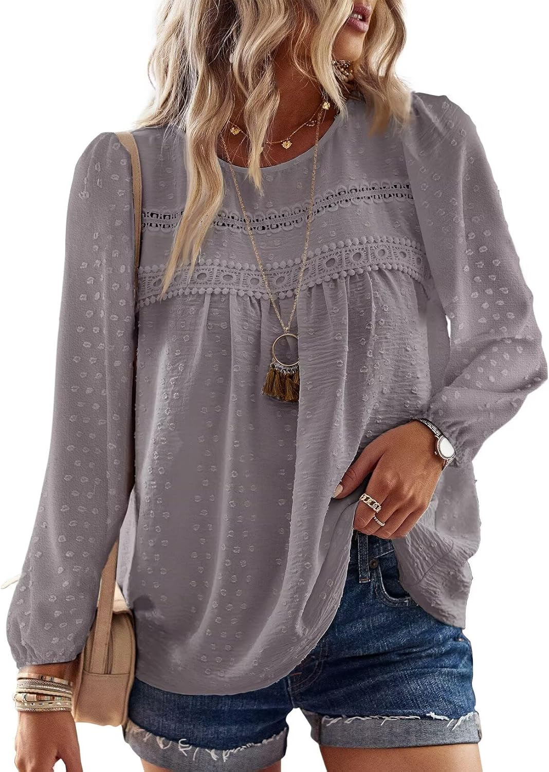 Detalle de Falechay boho crewneck crochet lace long sleeve top for women