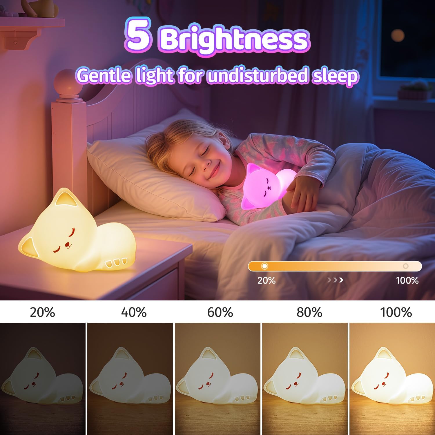 Thumbnail 6 de Nachtlicht Kinder Nachtlicht Baby mit 16 Farben, dimmbar und Fernsteuerung – USB-wiederaufladbare Katzen-Nachttischlampe