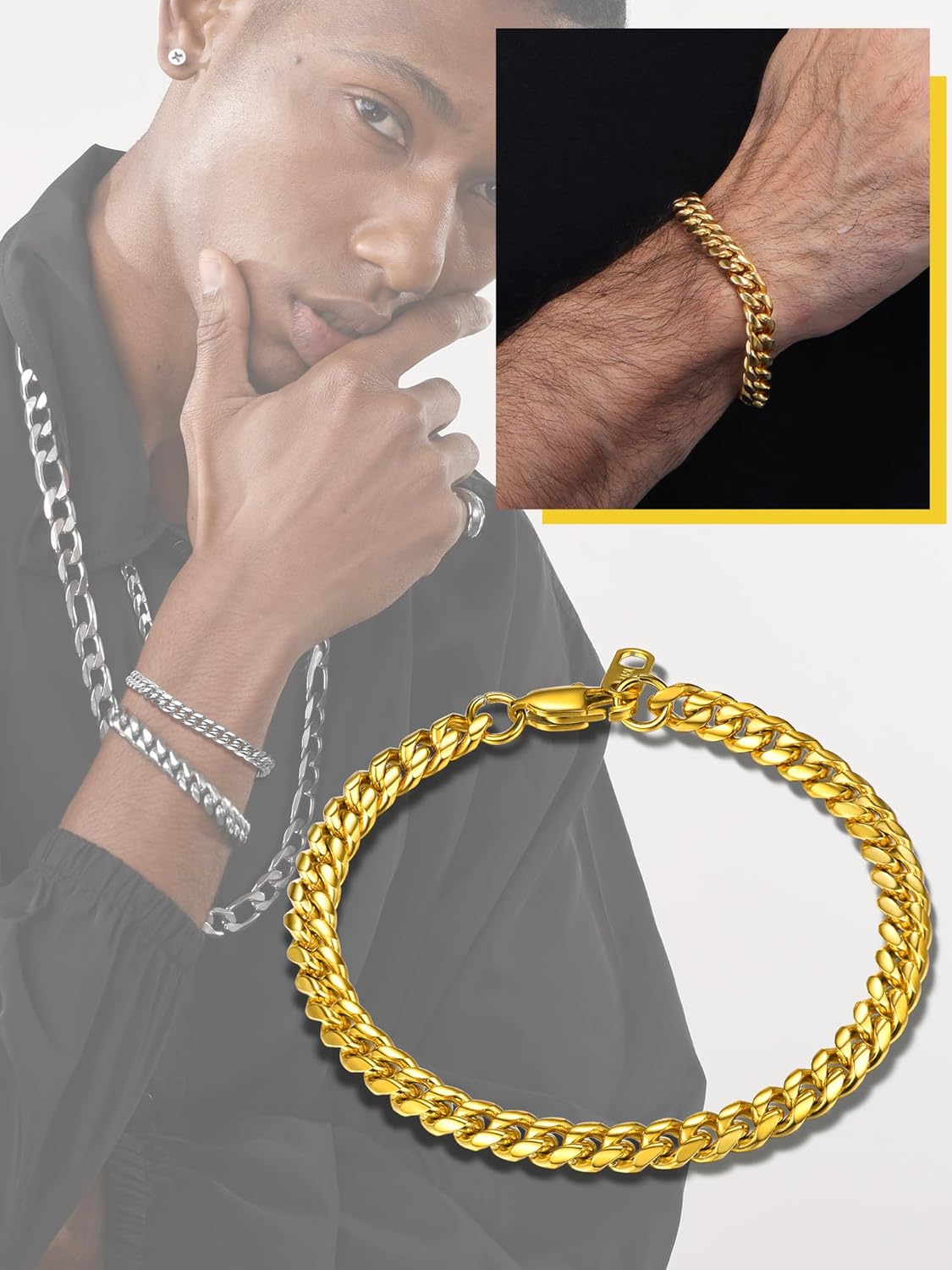 Thumbnail 1 de PROSTEEL Bracciale da uomo in acciaio inox 316L con bagno oro 18K, catena cubana con maglie da 4,8/6/10/14 mm