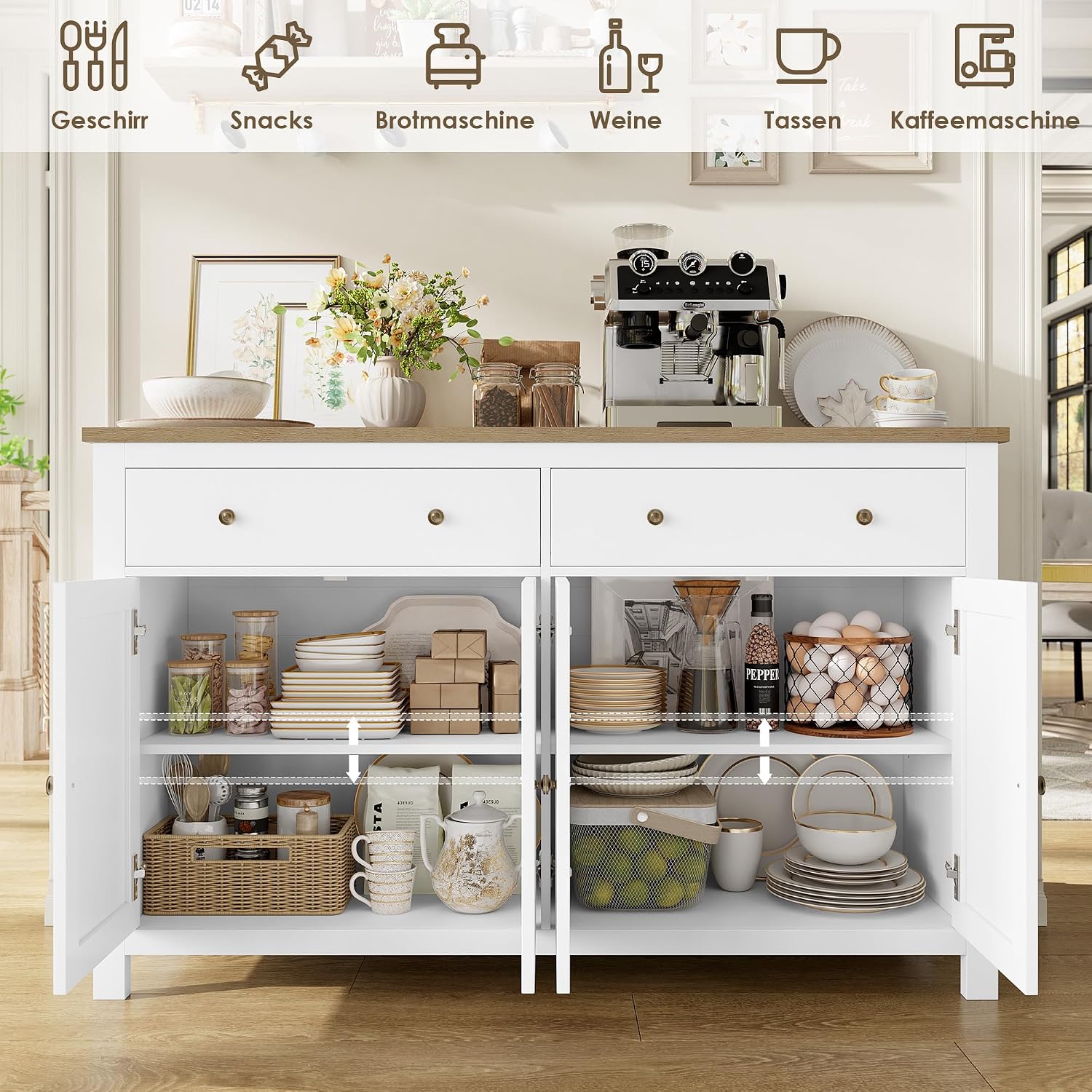 Detalle 2 de FirFurd P262 140cm Sideboard, White with 2 Drawers, 4 Doors and Adjustable Shelves