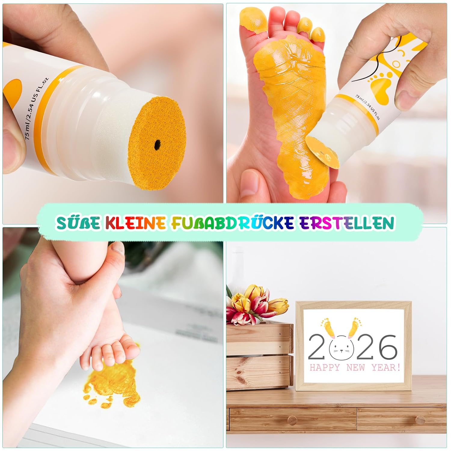 Thumbnail 2 de Fußabdruck Farbe Baby mit Schwammkopf – Ungiftig, säurefrei, 75 ml (Kurkuma-Gelb)