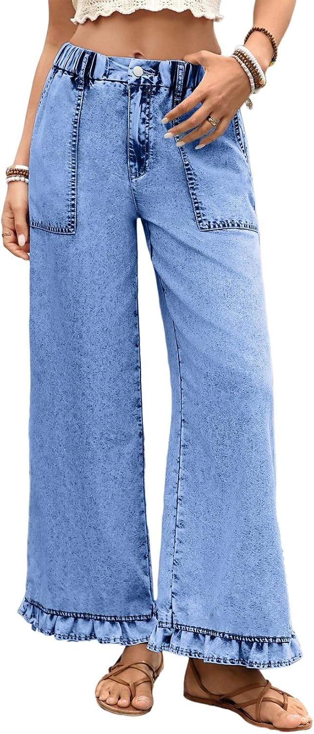 Detalle de Astylish Wide Leg Jeans for Women with Stretch High Waist and Ruffle Hem