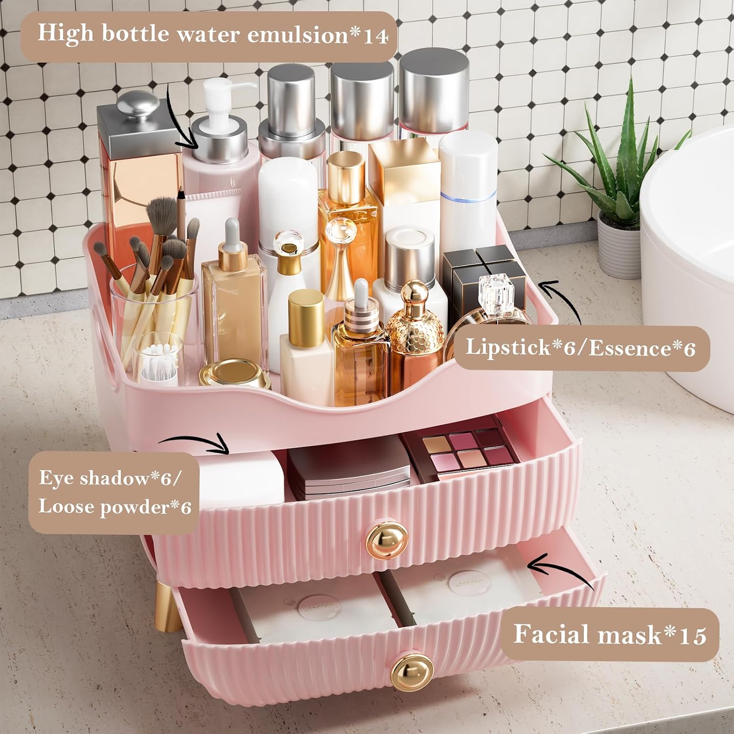 Thumbnail 1 de Makeup Organizer Countertop, Large Capacity with 2 Drawers in Pink