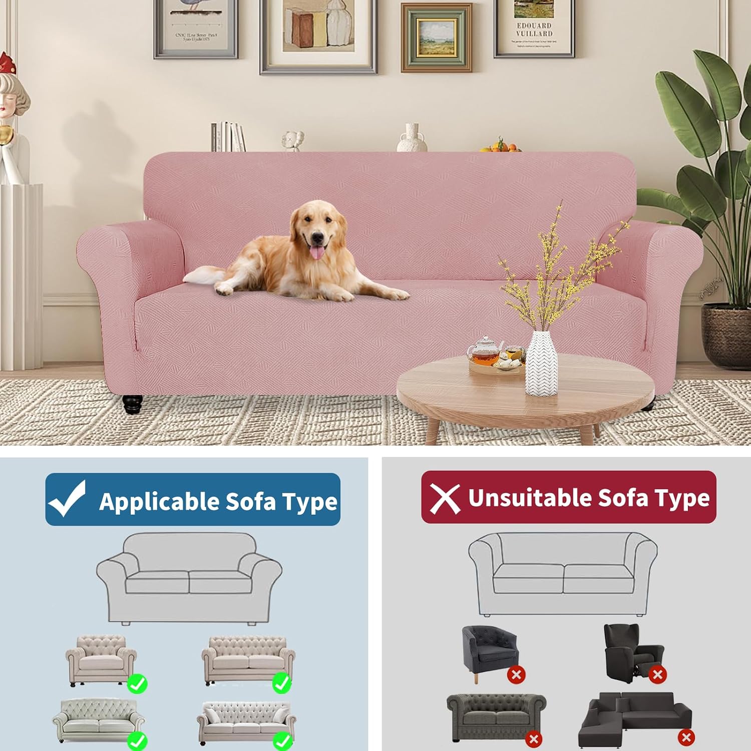 Detalle 2 de YSTELLAA Housse de fauteuil 1 place avec accoudoirs, motif géométrique rosé – antidérapante et extensible