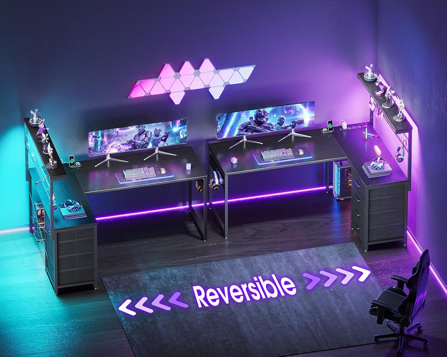 Detalle 2 de AODK 51" L-Shaped Gaming Desk with LED Lights, 4 Drawers & USB Ports