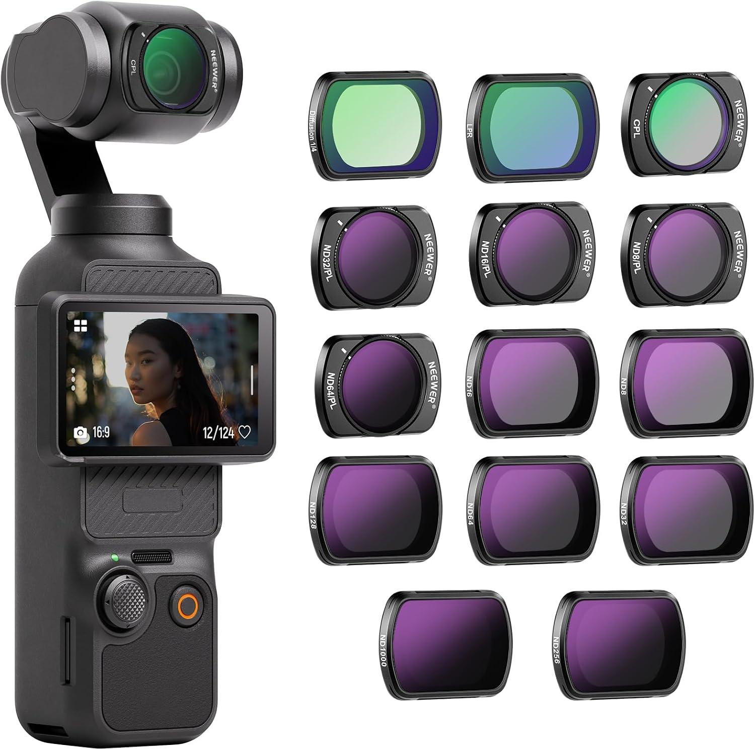 Detalle de NEEWER Magnetic ND Filter Set for DJI Osmo Pocket 4 & 3 (14-pack with CPL, Black Diffusion 1/4 & light pollution reduction)