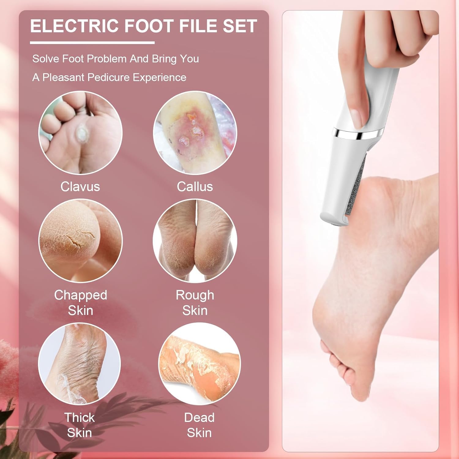 Detalle de Dongxw Electric Foot Callus Remover – Rechargeable Pedicure Foot File with 3 Roller Heads