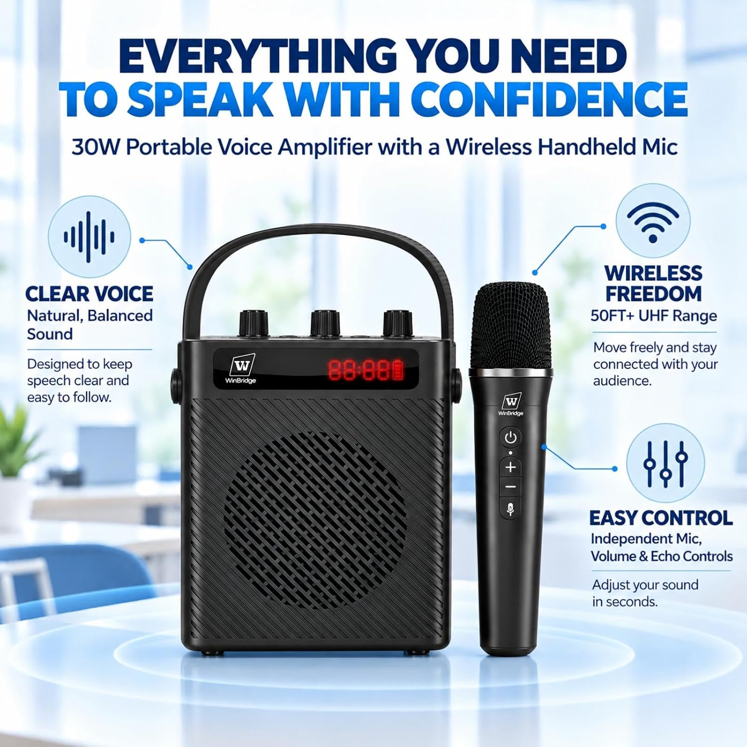 Detalle de HW HAOWORKS S93 Pro 30W Voice Amplifier with UHF Wireless Mic and Bluetooth 5.3