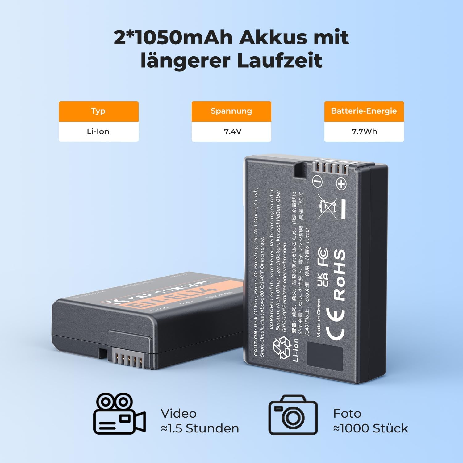 Thumbnail 2 de K&F CONCEPT EN-EL14 Akku (2er Pack) mit intelligentem Dual-USB-Ladegerät – kompatibel mit Nikon D3xxx/D5xxx und COOLPIX