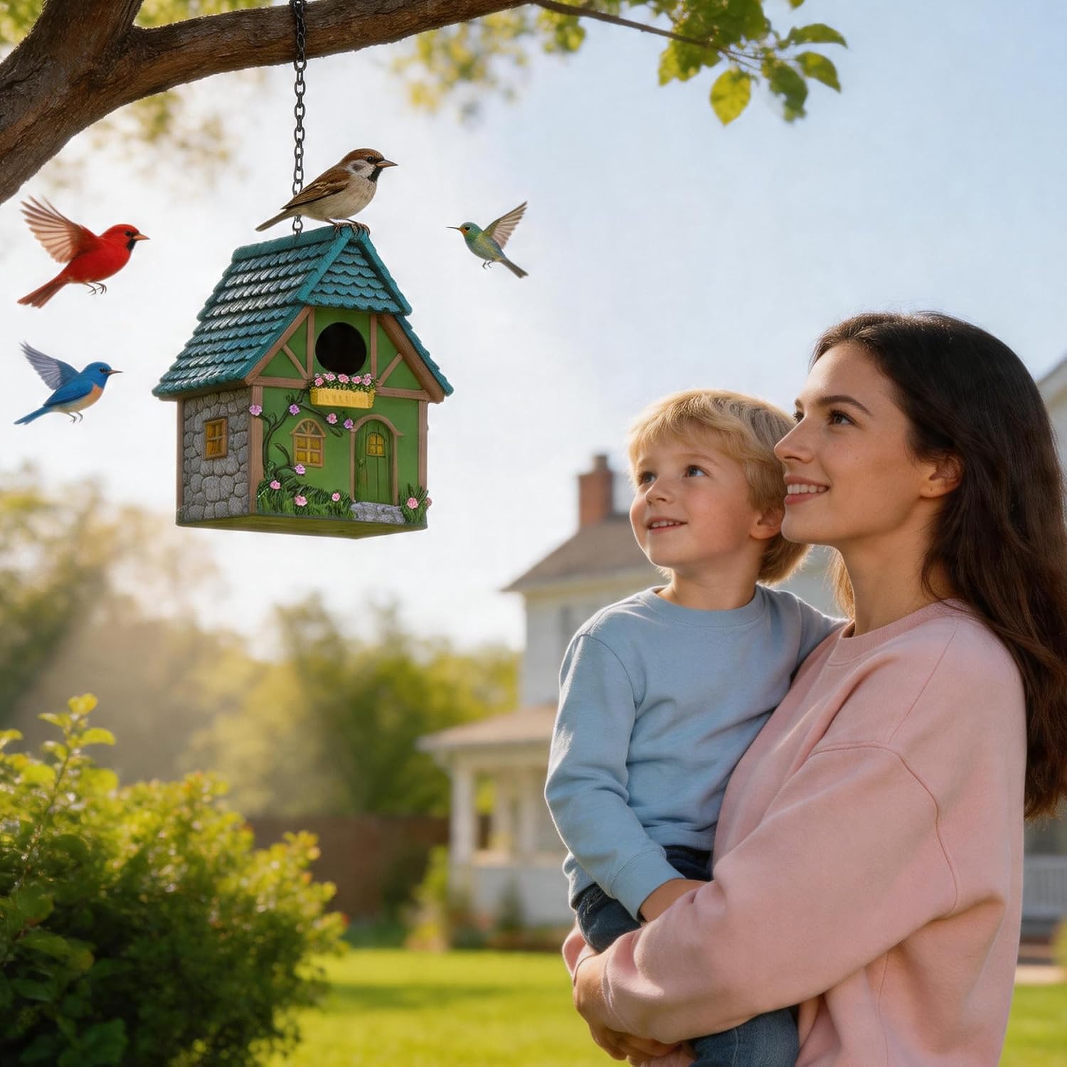 Detalle de Attivolife Outdoor Bird House: Waterproof Resin Cottage for Garden, Bluebird to Finches