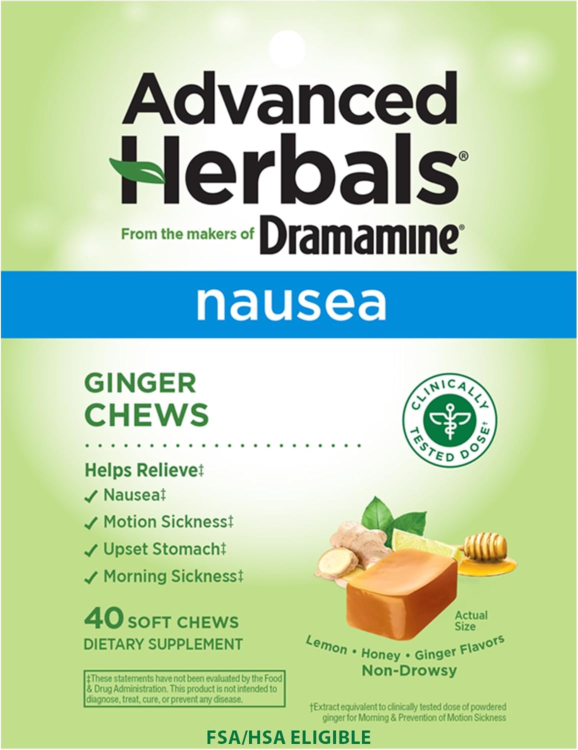 Detalle de Dramamine Advanced Herbals Ginger Chews for Nausea, 40 Count