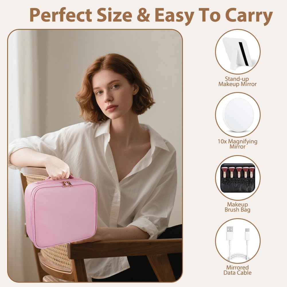Detalle 2 de OSDUE Trousse de Maquillage avec Miroir Lumière – Trousse de Voyage 3 Couleurs LED, Grand Capacité, Rose