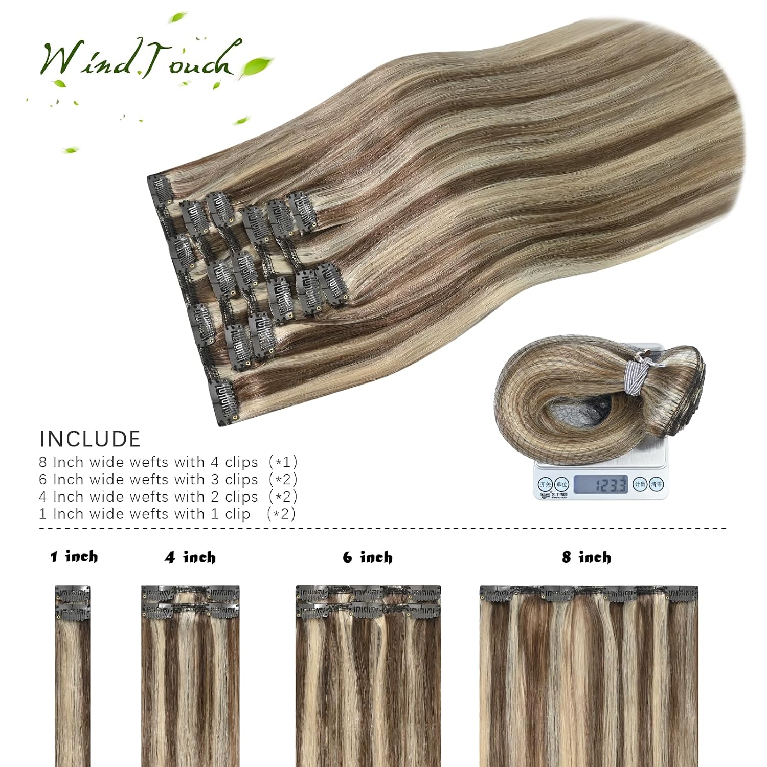 Detalle de WindTouch Clip-In Hair Extensions (Real Human Hair) Thick Ash Blonde to Platinum Blonde Highlights, 22 in, 120g (7 pieces)