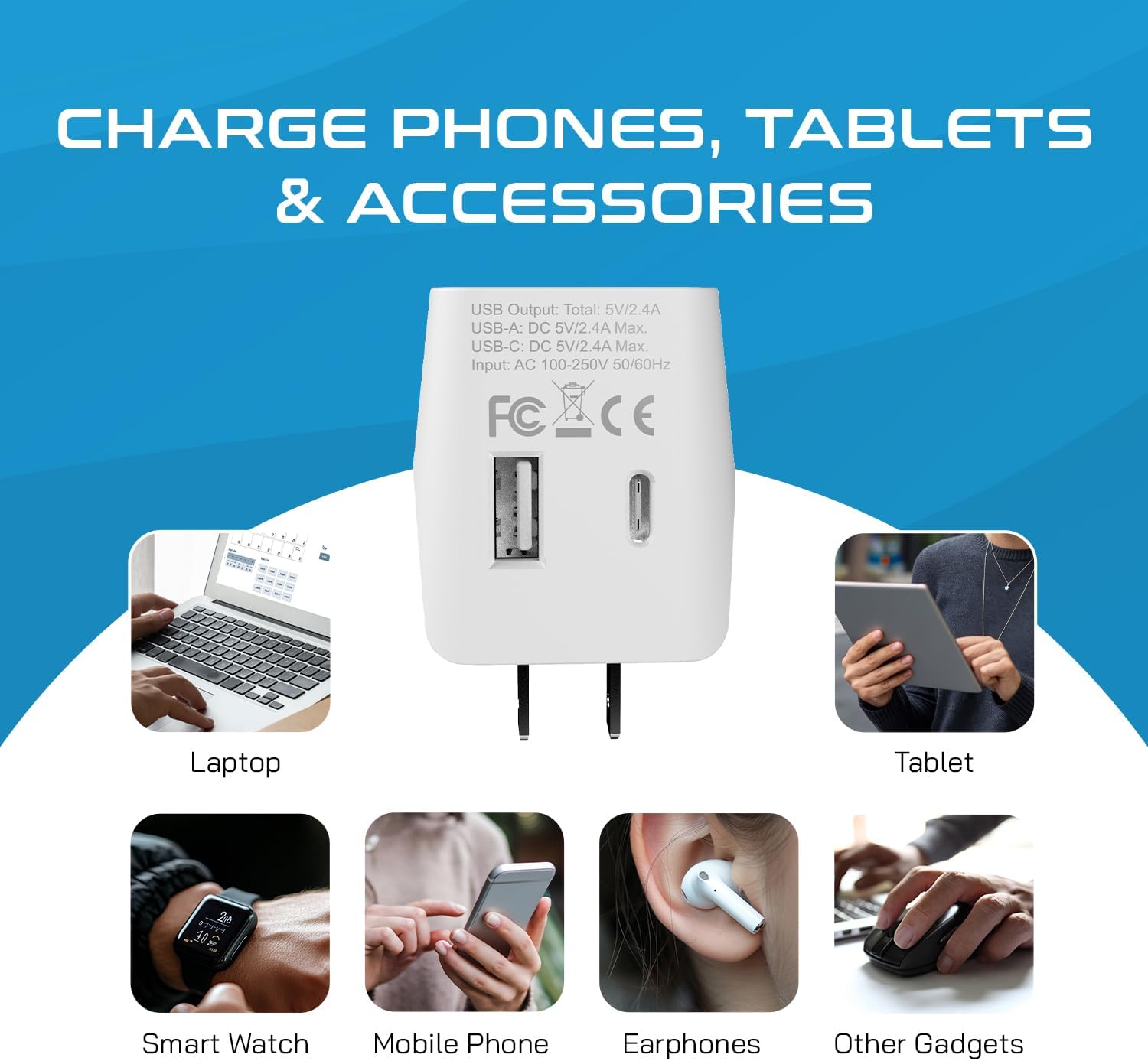 Detalle de Ceptics CTU-6: Japan/Philippines Travel Adapter with USB-A + USB-C (Ultra Compact)