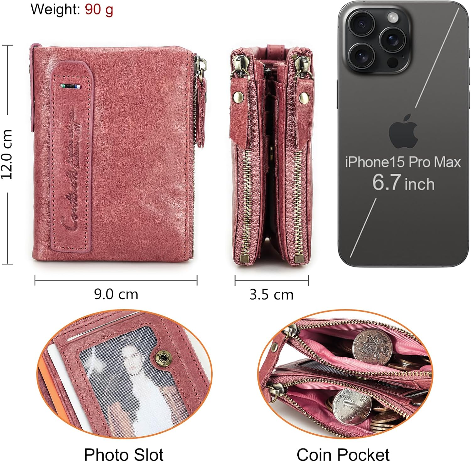 Detalle de CONTACTS RFID Short Leather Wallet for Women – Dark Pink with Double Zipper