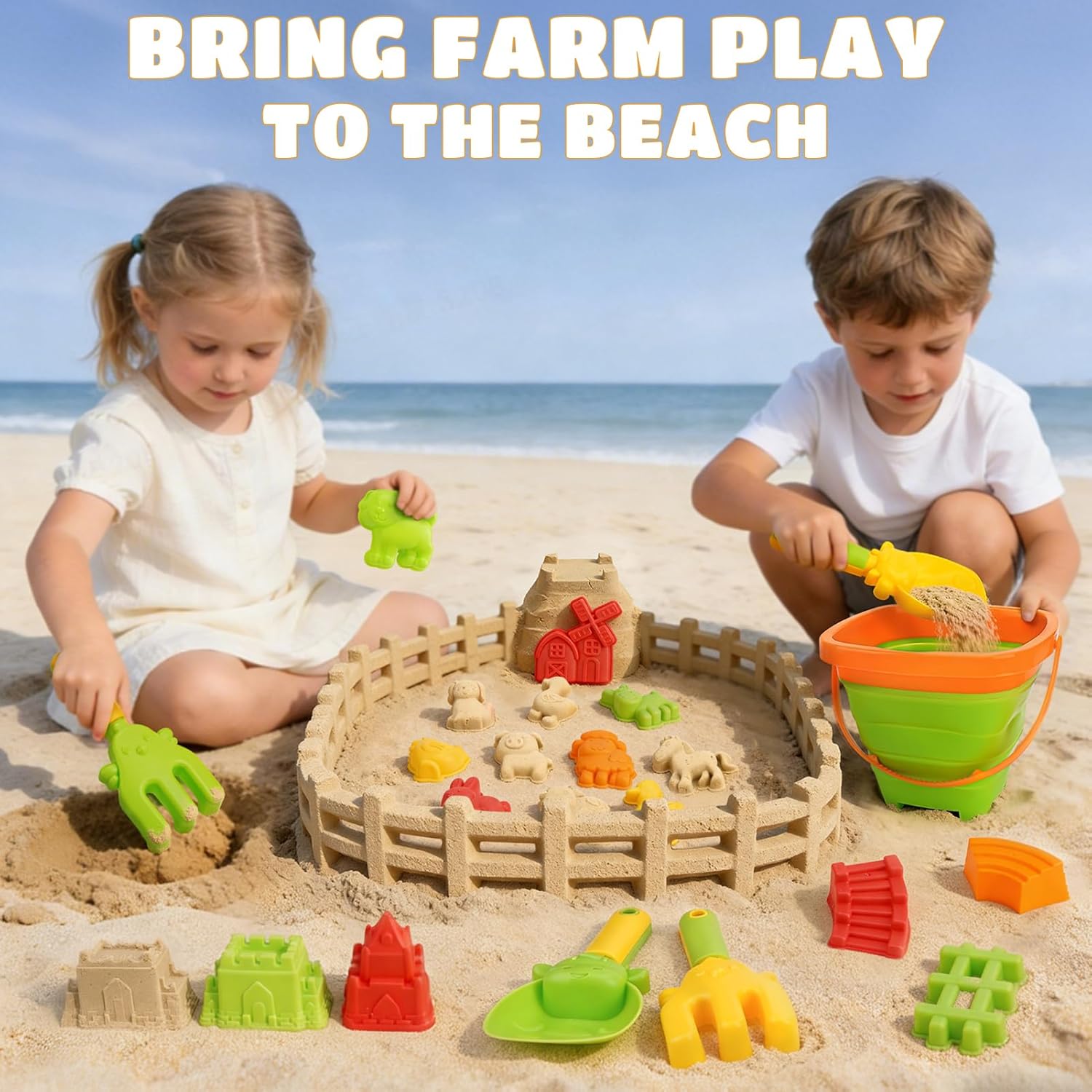 Thumbnail 4 de Giochi da Spiaggia Bambini 29 PCS Tema Fattoria – Set Sabbia con Secchielli Pieghevoli, Stampini Animali e Castello