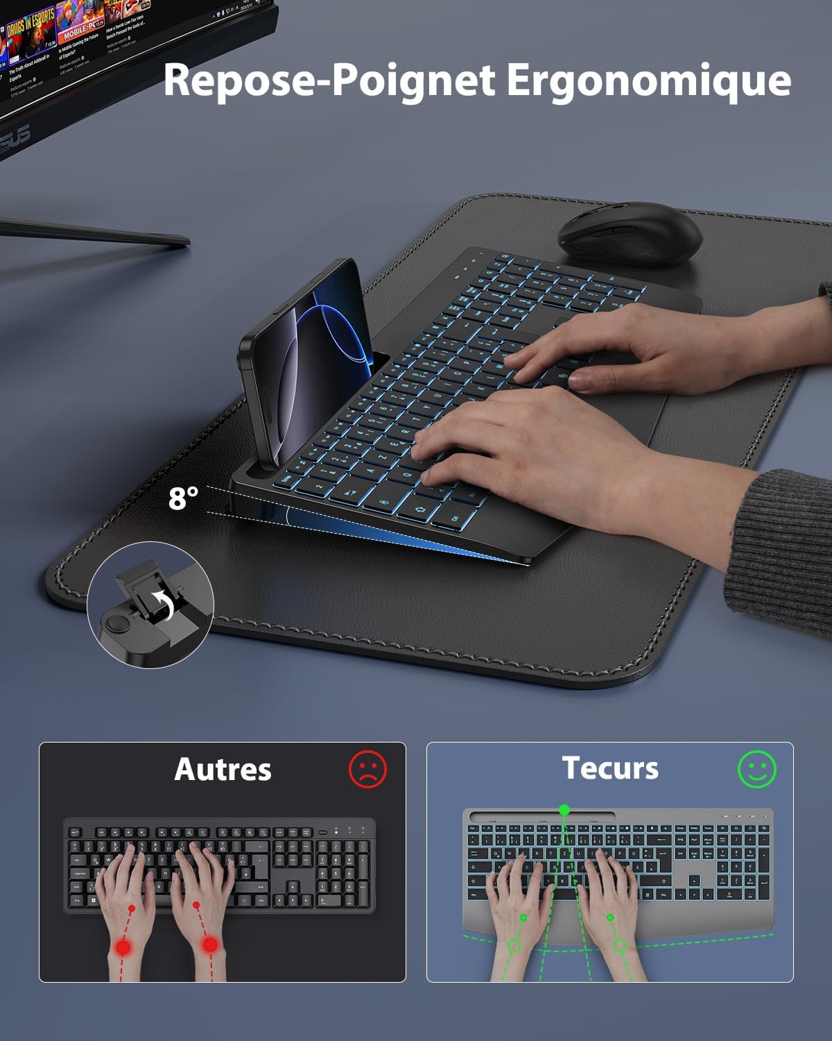 Thumbnail 2 de TECURS Clavier sans Fil 2,4 GHz AZERTY Français avec Repose-Poignet – Rétroéclairage 7 couleurs, Silent et Ergonomique