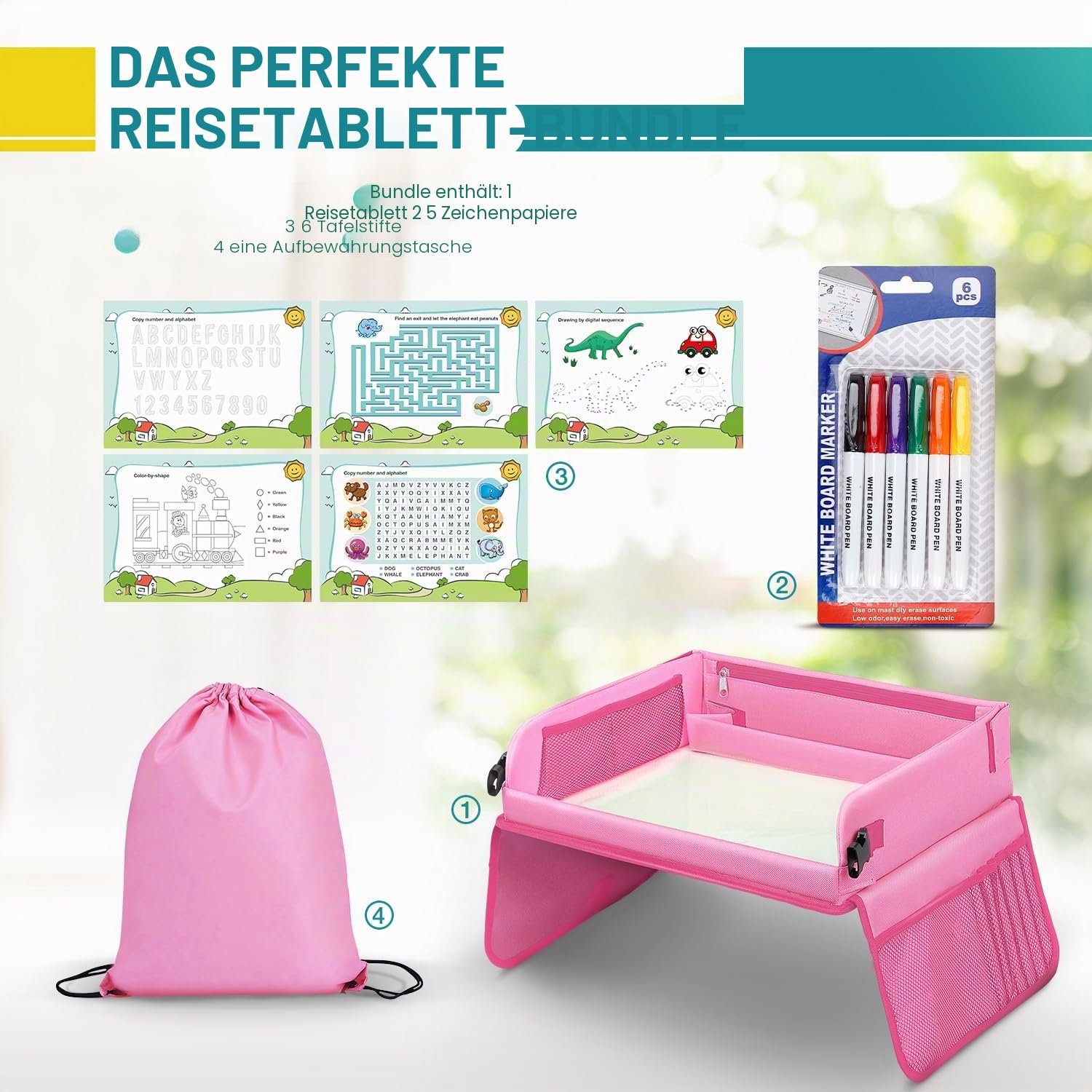 Thumbnail 3 de lenbest Reisetisch für Kinder – Zeichentablett, Sitzunterlage & Spielbrett (Rosa)