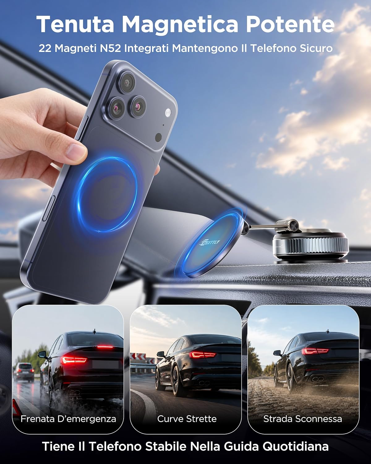Detalle 2 de MSXTTLY Vmag‑S2 Supporto auto magnetico 360° per iPhone 17–12 Pro Max