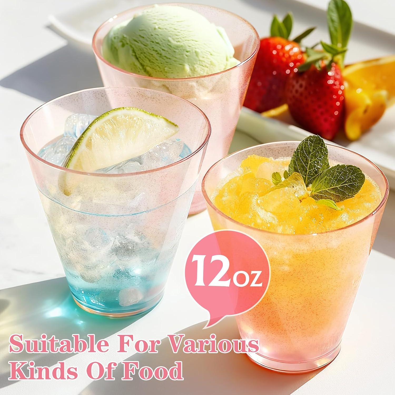 Detalle de Glowserve 50 Pack 12 oz Pink Glitter Disposable Plastic Cups