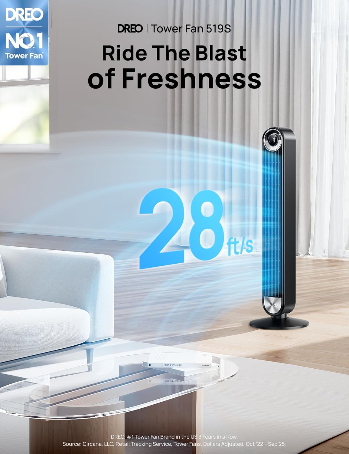 Detalle de DREO Cruiser Pro T2S 10-01009-102 Smart Tower Fan, 42-Inch, 9 Speeds