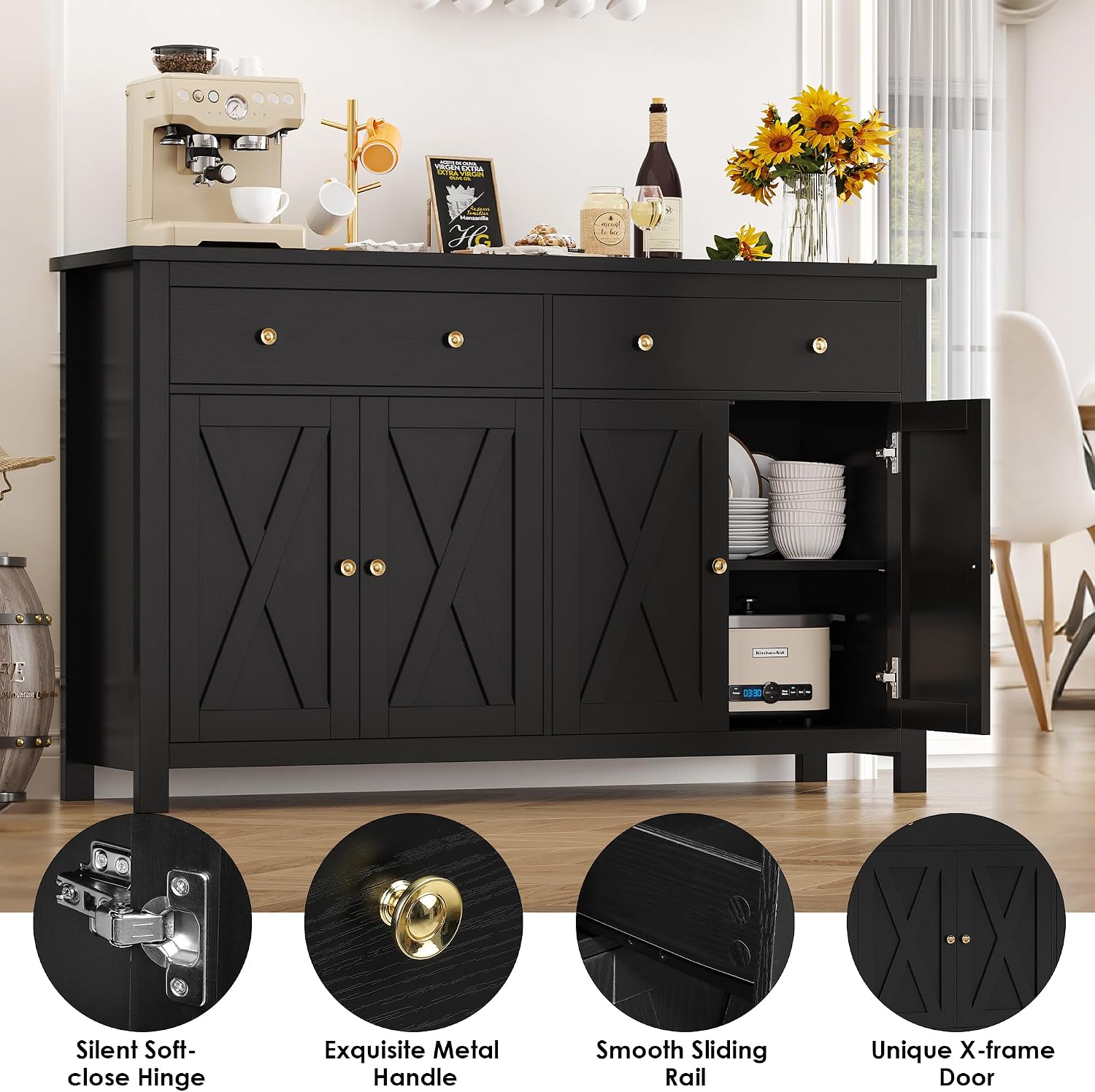 Thumbnail 6 de FirFurd P228 140cm Sideboard, Black Engineered Wood, 4 Doors, 2 Drawers