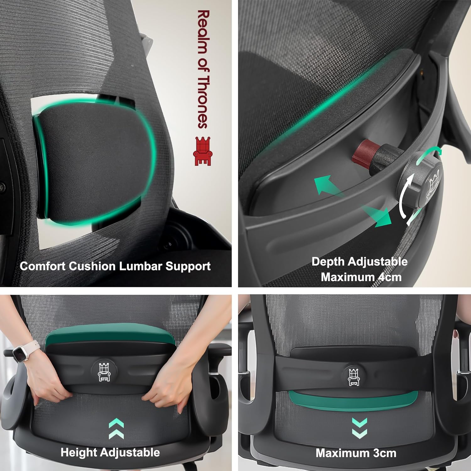 Thumbnail 4 de Realm of Thrones AVALON Ergonomic Office Chair with 3D headrest, adjustable lumbar support and mesh back (Black)
