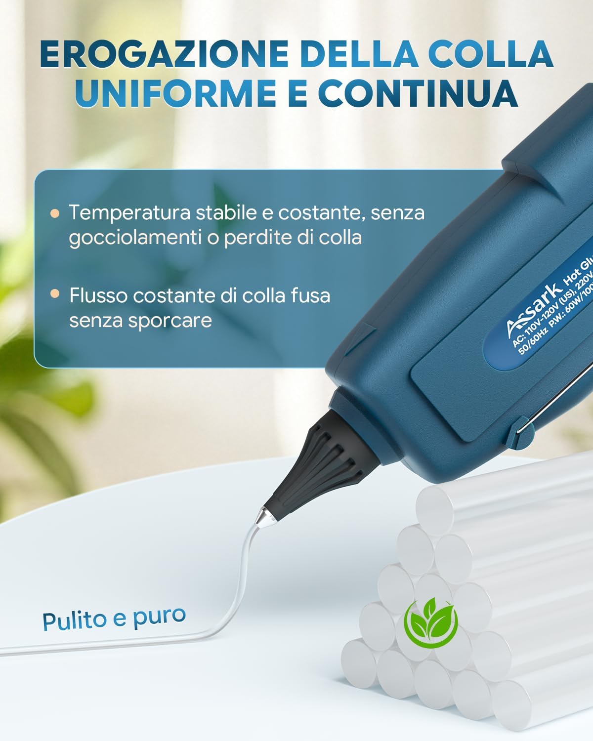 Detalle de Assark pistola per colla a caldo 60/100 W con 15 bastoncini da 11 mm x 220 mm