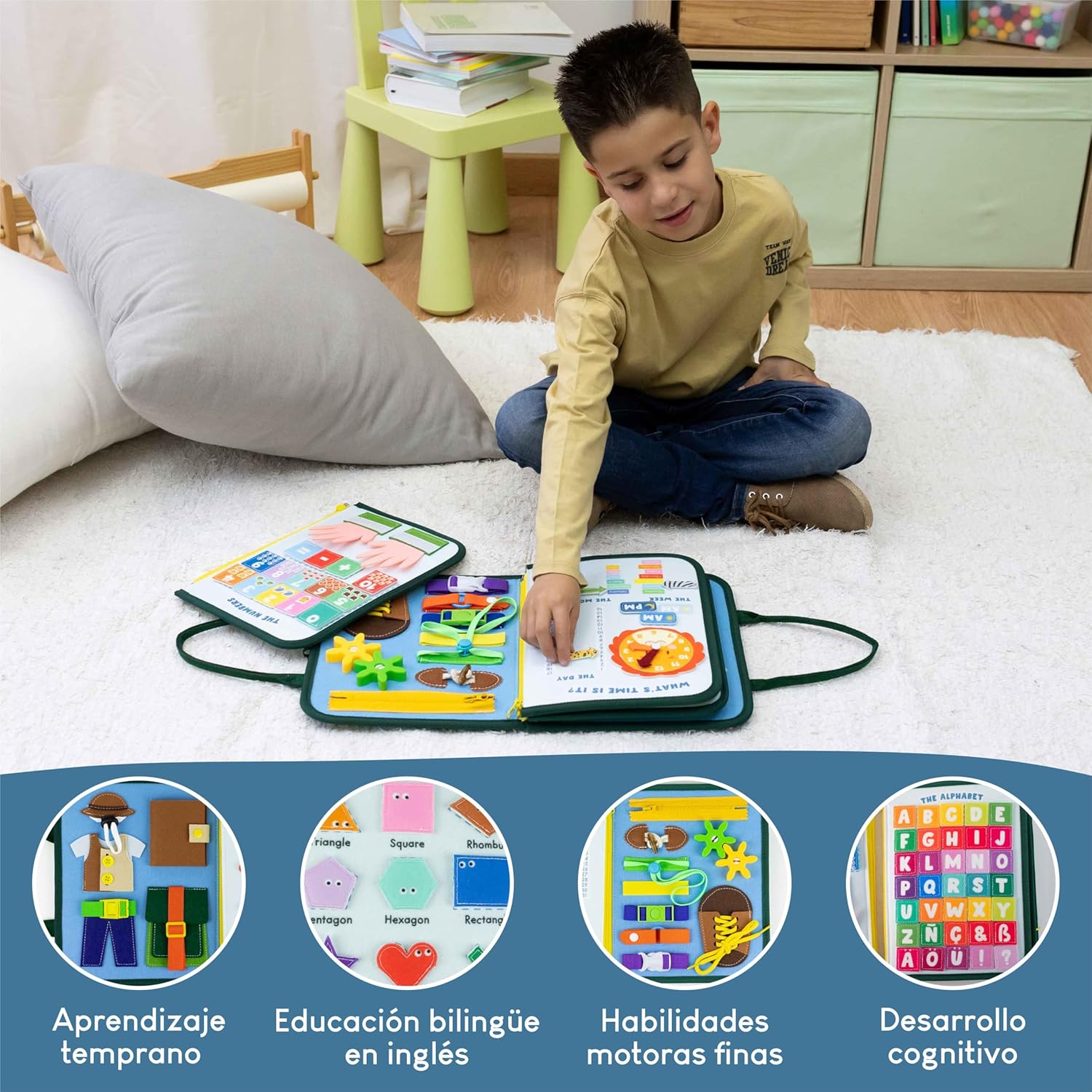 Detalle de BONNYCO Busy Board Montessori de Fieltro: Maletín de Paneles Sensoriales para Motricidad y Aprendizaje Temprano