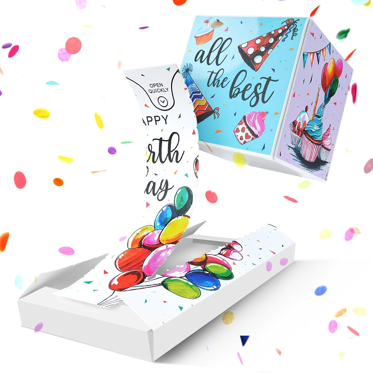 Detalle de ANOMM pop-up verjaardagskaart met verrassingsdoos en confetti