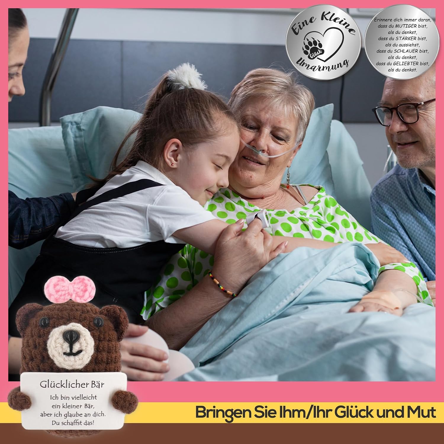 Detalle de Tixlux Pocket Hug Glücklicher Bär – handgenähte Strick-Dekofigur mit Bärentatzen-Glücksbringer (Grau/Rosa)