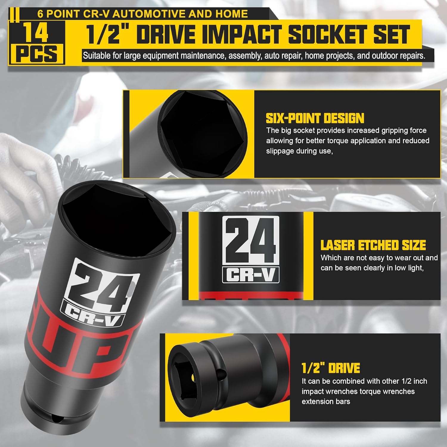 Thumbnail 2 de KIRXST 14-Piece 1/2" Drive Impact Socket Set with Deep Sockets (10–24mm) and Case