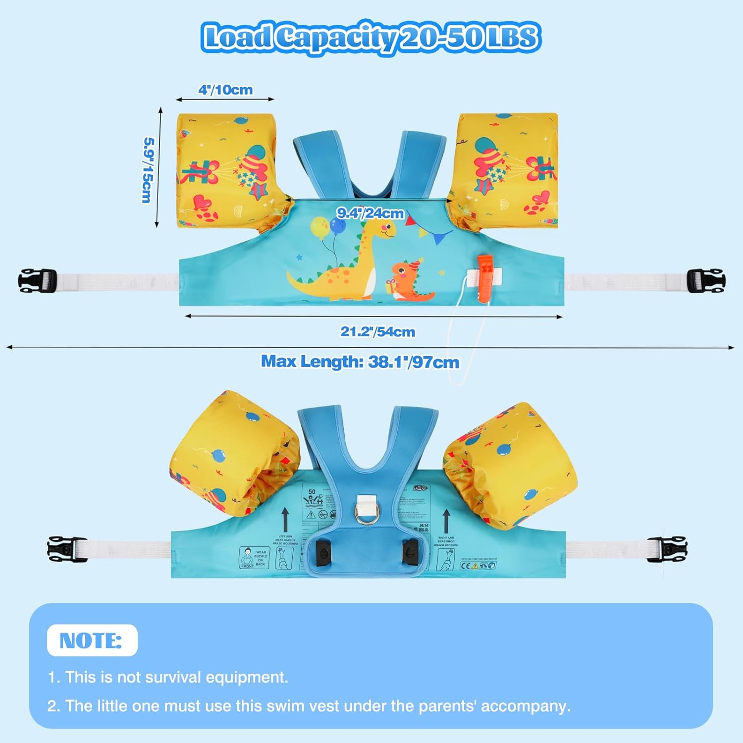 Thumbnail 3 de MoKo Kinder Schwimmflügel mit Schwimmtraining-Jacke, Cartoon-Motiv und D-Ring-Verschluss