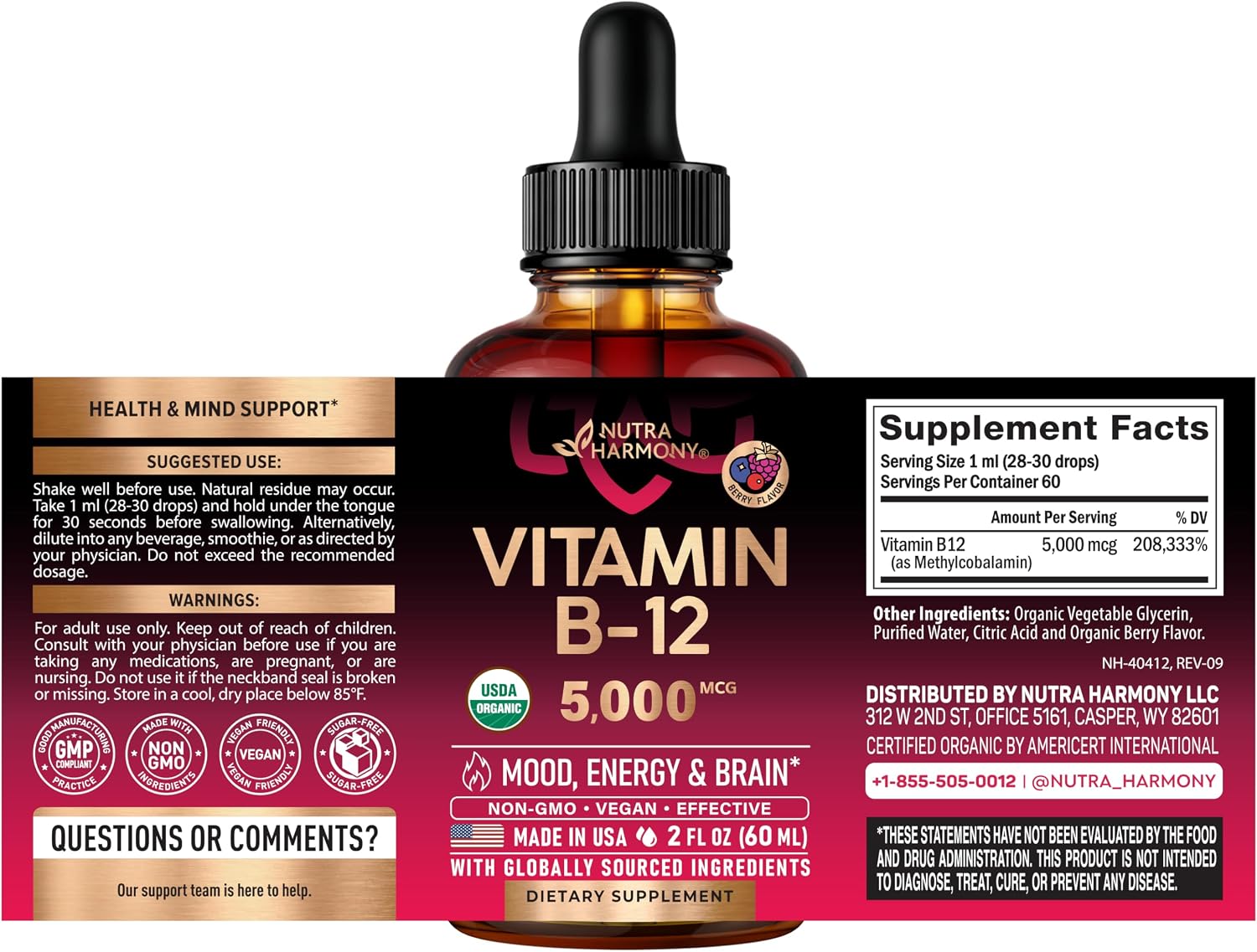Detalle 2 de NUTRAHARMONY B12-0823 Vitamin B12 Drops, 5,000 mcg Methylcobalamin