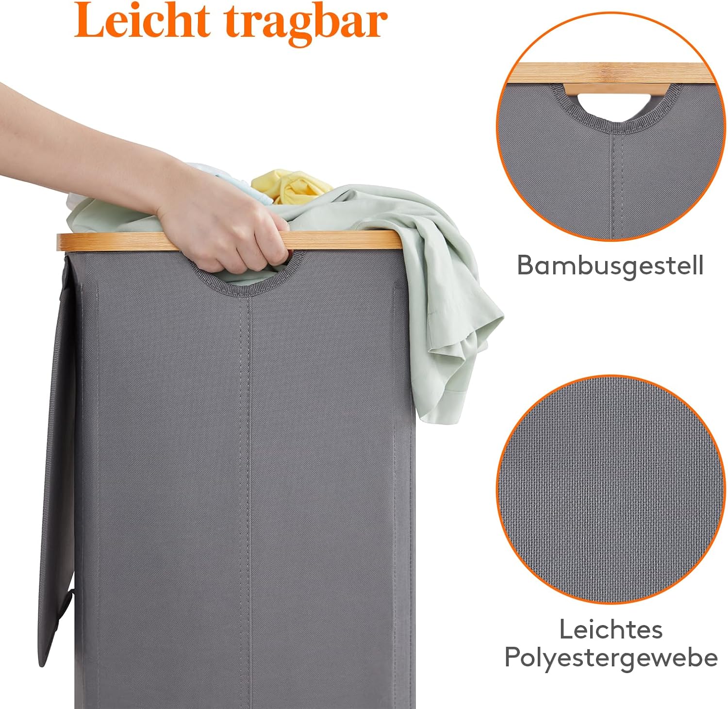 Detalle 2 de Lifewit 100L Wäschekorb mit Deckel und abnehmbarem Wäschesack (Bambusgriffe), grau