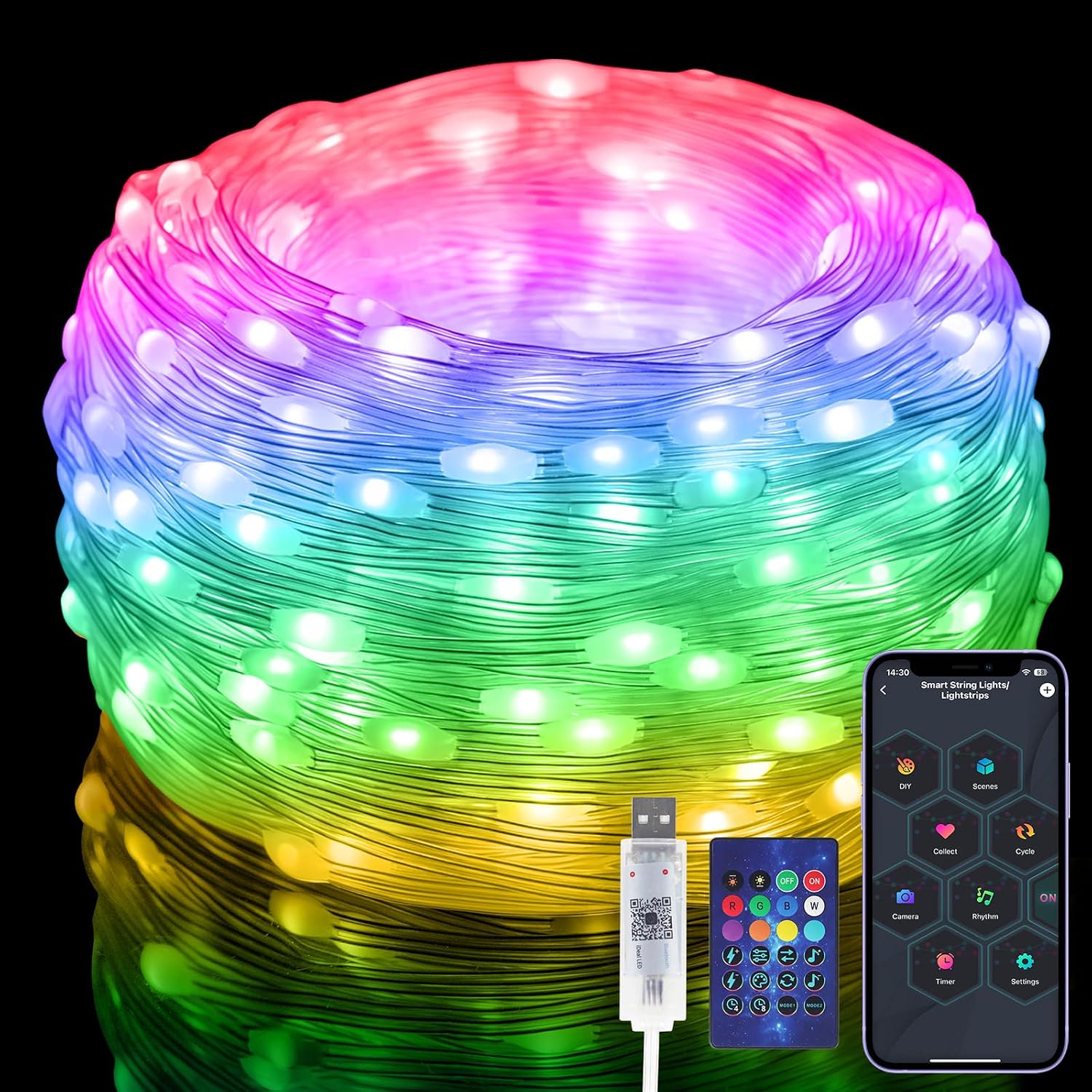 Detalle de Electight DESLA2-10M RGBIC-ljusslinga, 10 m med 100 LED, app och fjärrkontroll