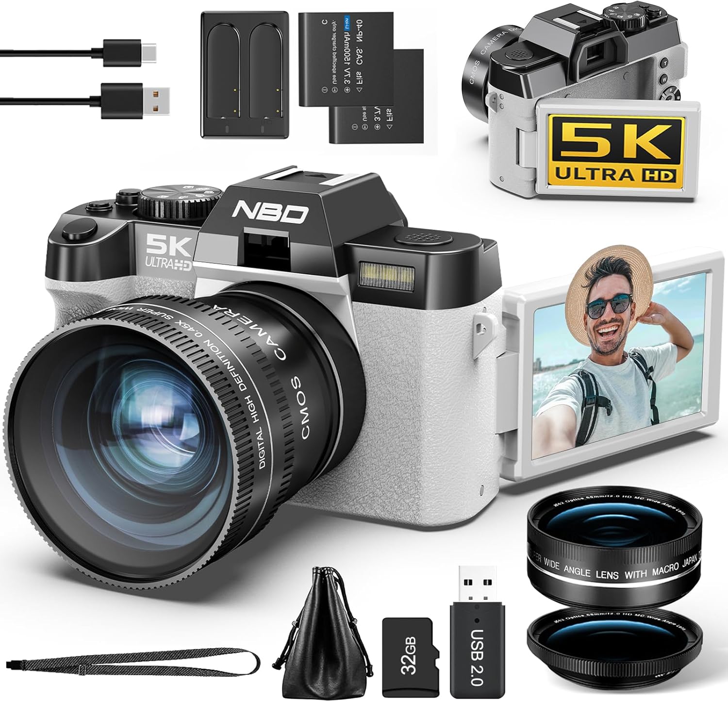 Detalle de NBD 5K 64MP Digital Camera with Wi‑Fi & App Control, 16X Zoom, 180° Flip Screen