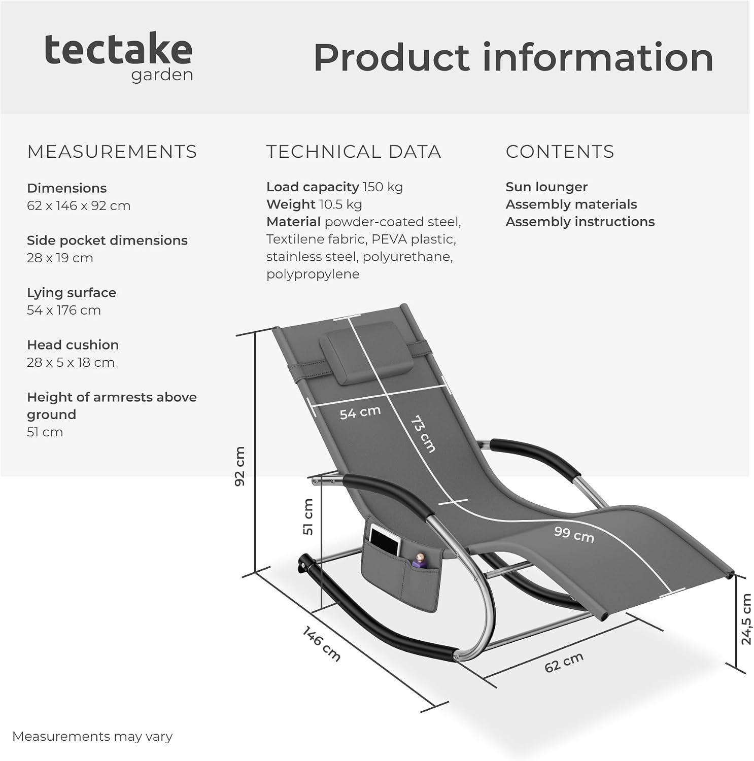 Detalle de tectake 406169-6 solstol med gungfunktion, Textilene och avtagbart nackstöd