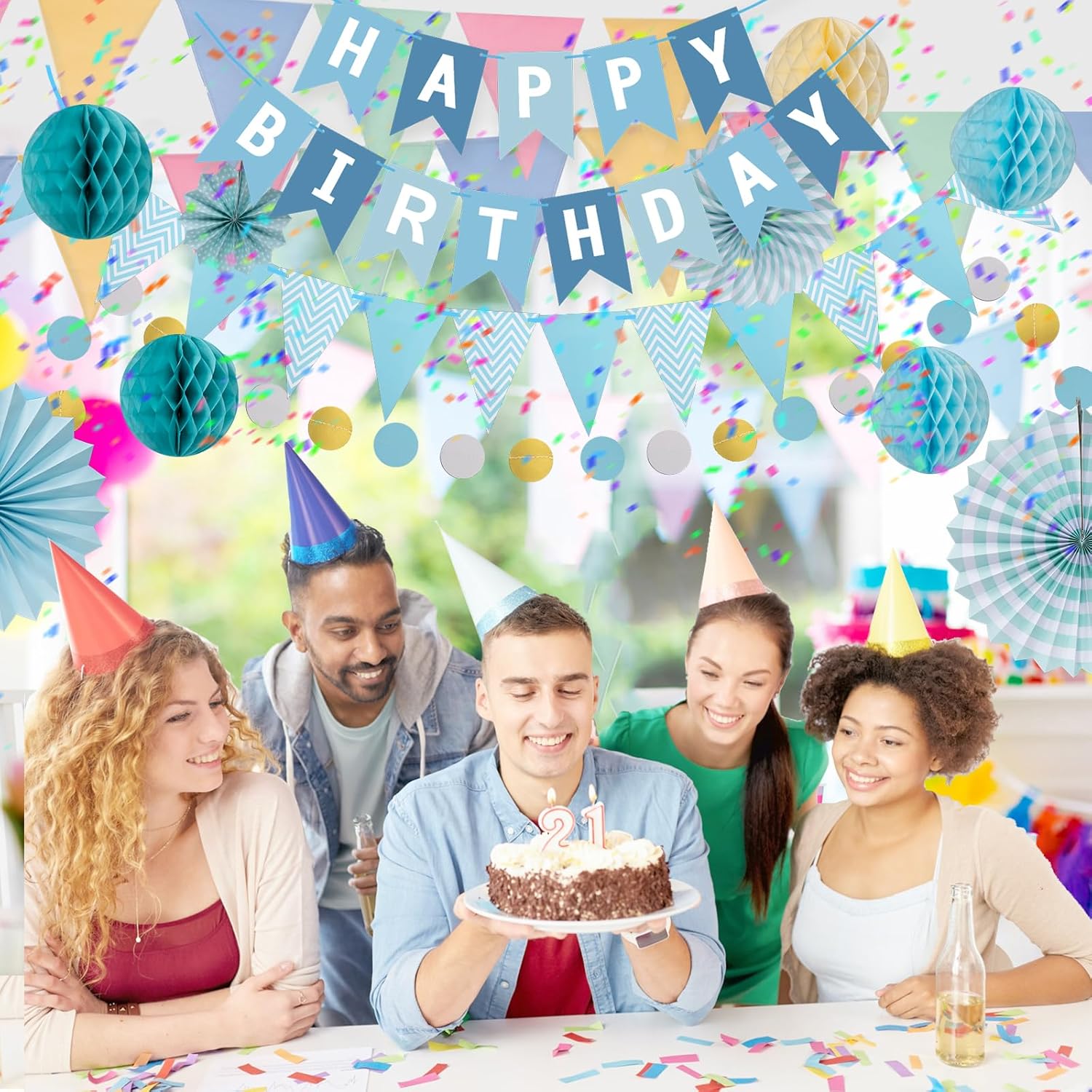 Thumbnail 6 de Meowoo Blue Birthday Decoration Set with Happy Birthday Garland, Bunting & Honeycomb Flowers