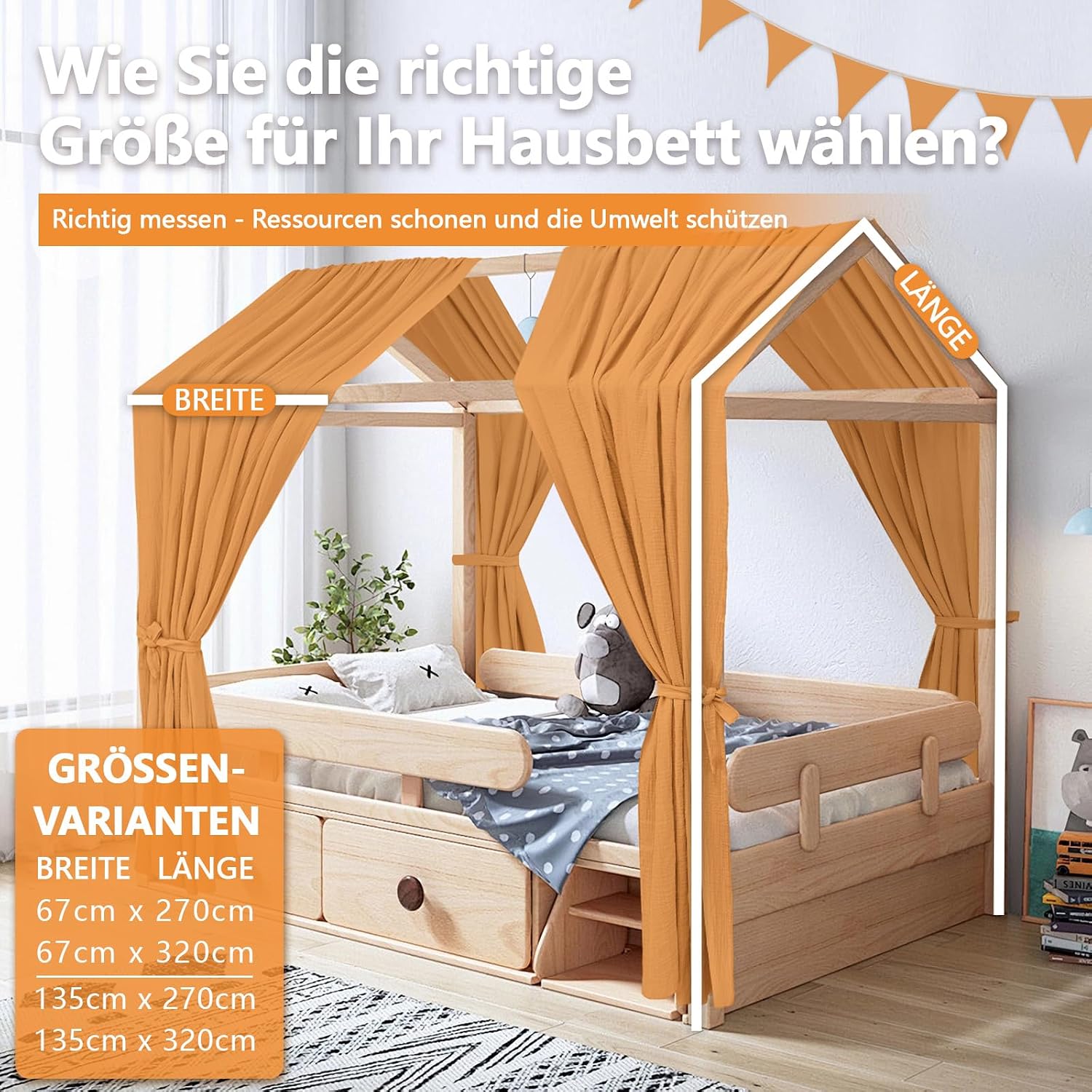 Thumbnail 5 de Alishomtll Hausbett Himmel Set – 2 Betthimmel 67x320cm + Wimpelkette, Senfgelb