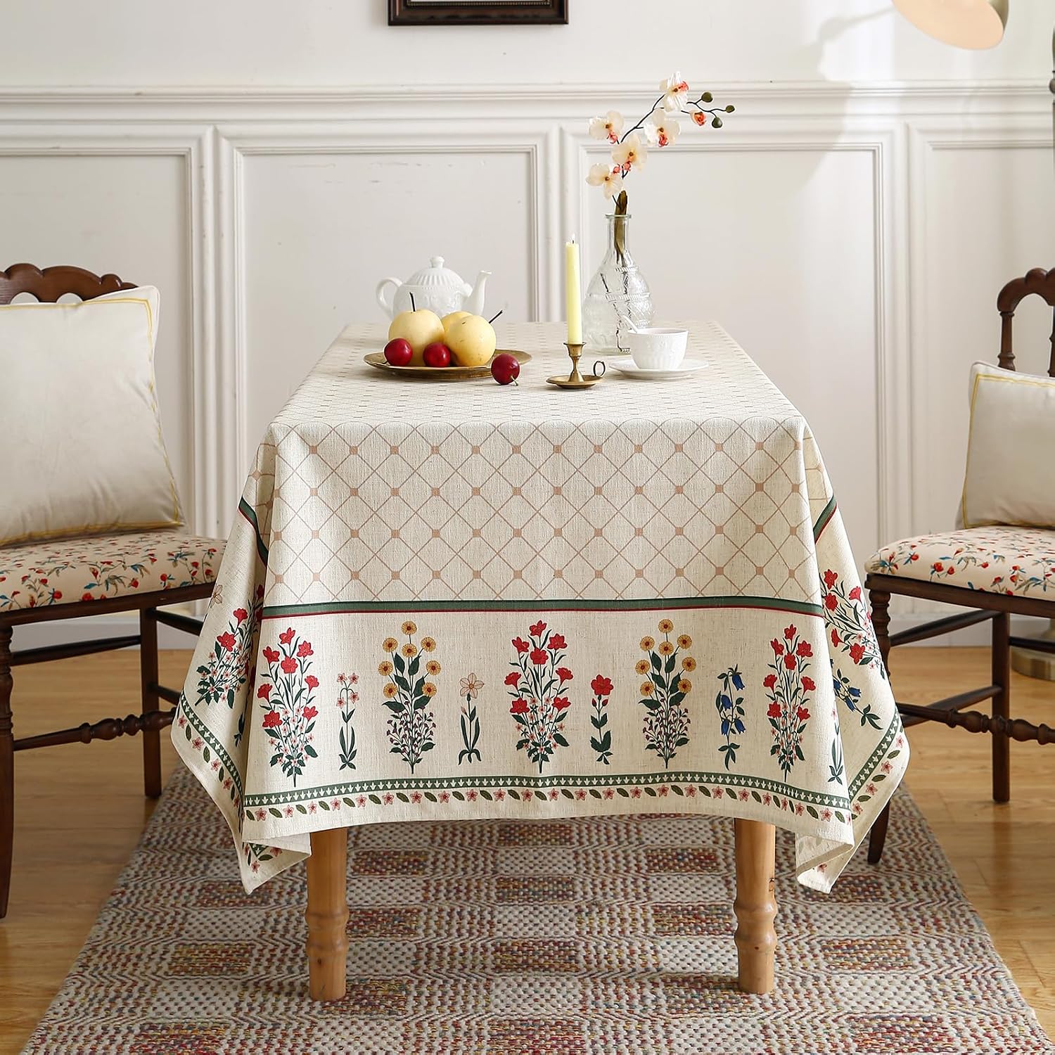 Thumbnail 2 de ISAENNE Designer French Linen Rectangular Tablecloth, 102"x63" (Bertina E) – Colorful Floral, Durable Linen-Poly Blend