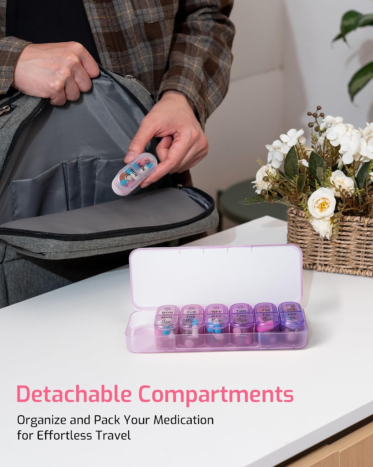 Thumbnail 5 de Daviky Weekly AM/PM Pill Organizer, 7-Day Easy-Open Box in Purple-Pink