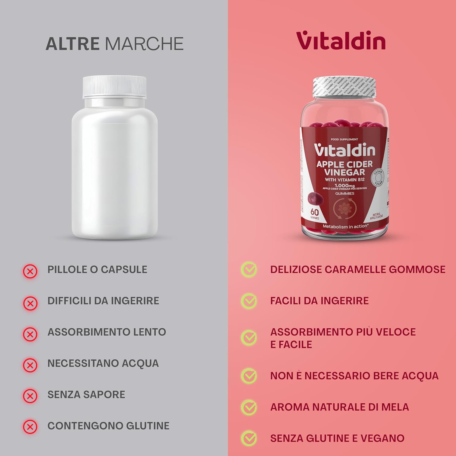Detalle 2 de VITALDIN Apple Cider Vinegar Gummies – 1000 mg per dose, 60 caramelle vegane (gusto mela) con vitamina B12