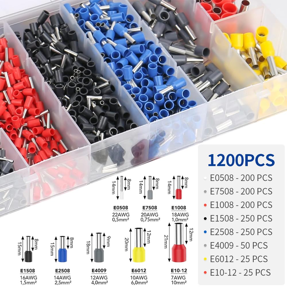Detalle de Aderendhülsen Set 1200 Stück – Crimpzange Set, isolierte Aderendhülsen 0,5–10 mm², Profi-Qualität
