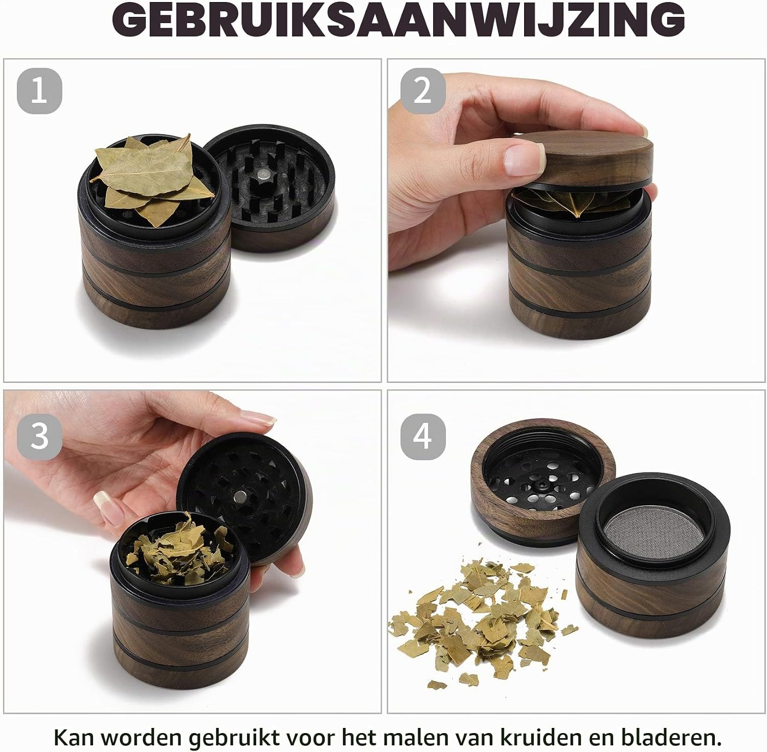 Detalle de DCOU G102 houten kruidenmolen, 4-delig met metalen crusher en magneetdeksel