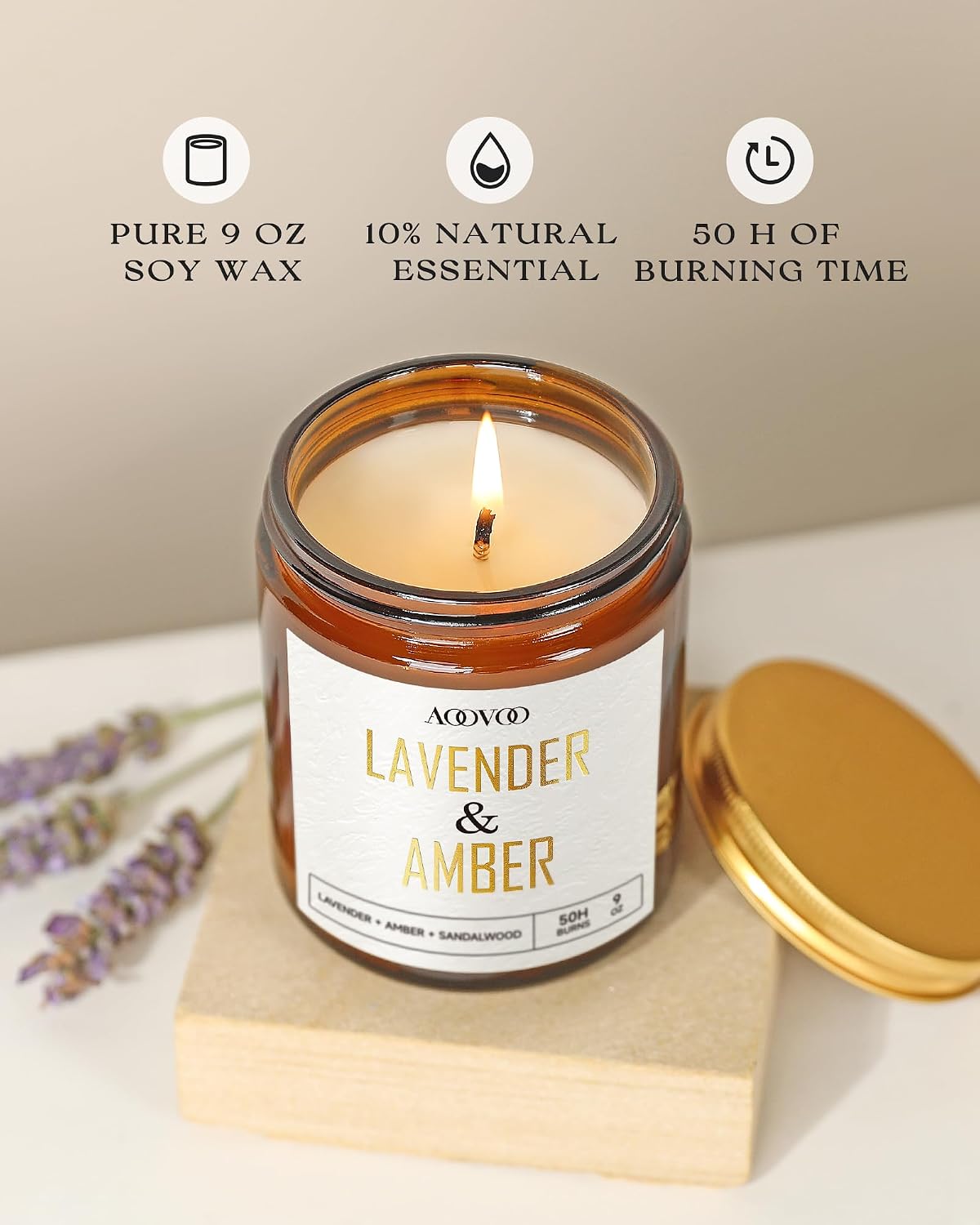 Detalle de AOOVOO Lavender Amber Candles - 9 oz Scented Soy Candle for Home Ambiance