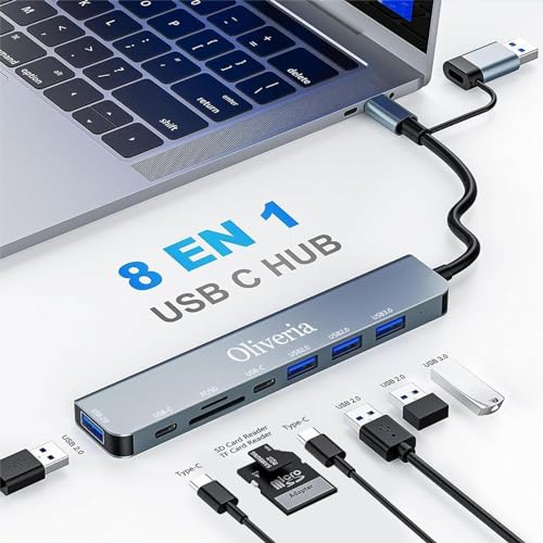 Thumbnail 1 de Oliveria Adattatore USB-C Hub 8-in-2: lettore SD/TF, USB 3.0 e USB-C per MacBook, Windows e Android